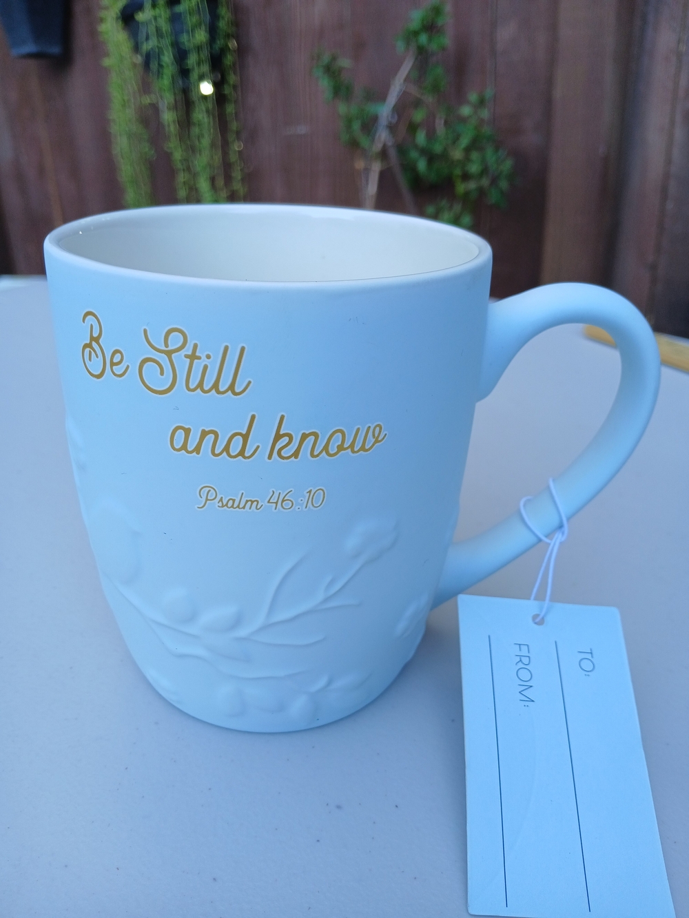 Petal & Pearl Psalm 46:10 Matte Blue Embossed Coffee Mug Gift NWOT